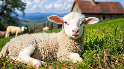 Fototapeta premium Sheep grazing peacefully in a green meadow countryside farm nature photography bright daylight close-up view