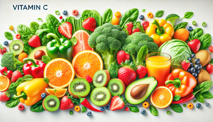 Assorted fruits and vegetables rich in Vitamin C arranged on a white background.