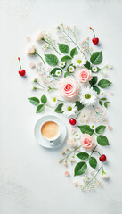Elegant flat lay of flowers, coffee, and cherries arranged beautifully.