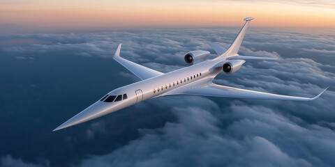 Obraz premium Modern supersonic business jet soaring above the clouds during a stunning sunset