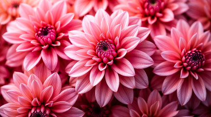 close up view of a cluster of vibrant pink dahlia flowers the flowers are in full bloom.