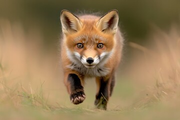 Energetic Young Red Fox Bounding Through Misty Field with Intent Focus and Vibrant Fur