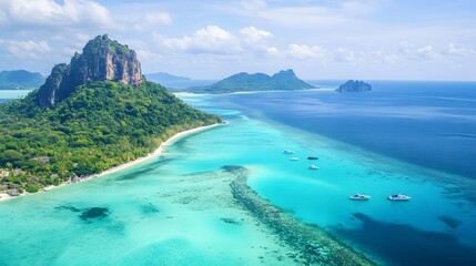 Obraz premium Idyllic tropical island paradise with lush green vegetation, turquoise waters, and distant islands on the horizon.