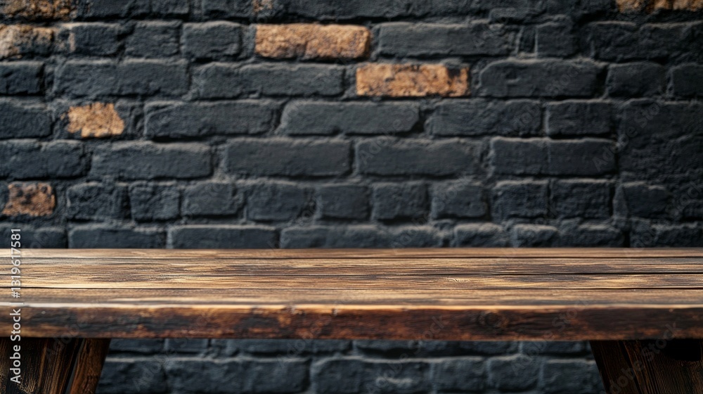 Poster an empty brown wooden table sits in front of a rugged dark brick wall. this setting exudes warmth an