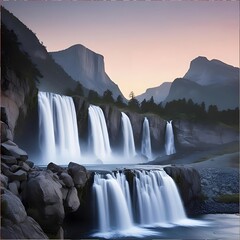 natural landscape of waterfalls and mountains at dawn