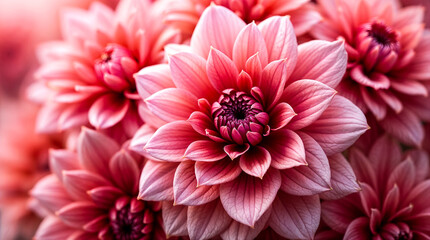 close up view of a cluster of vibrant pink dahlia flowers the flowers are in full bloom.