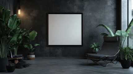 Dark Room Interior Design Mockup with Plants and Lounge Chair
