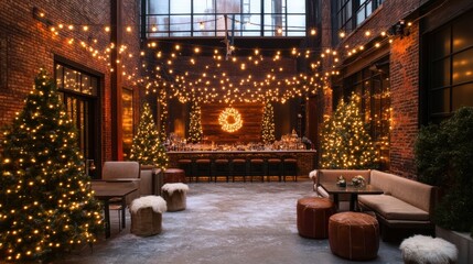 Festive Winter Courtyard: A Cozy Christmas Eve at a Brick Building
