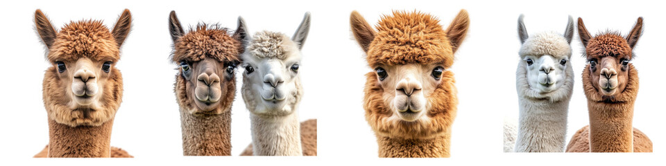 Fototapeta premium Close up of alpacas Isolated on transparent background, PNG, Set of