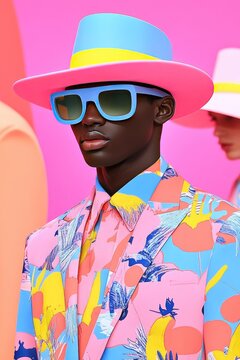 Vibrant Fashion Portrait: Bold Colors, Patterned Suit, Stylish Hat, Trendy Sunglasses, Modern Chic