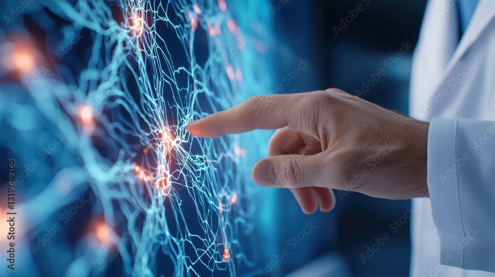 Poster scientist interacting with real-time data on a digital display in a high-tech environment