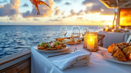 Luxury cruises comfort dining experience. Dining by the sea with sunset views and elegant table settings.