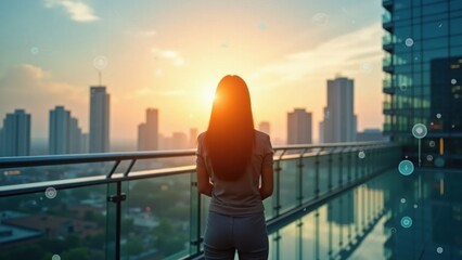 Businesswoman on a glass bridge viewing digital data over sunrise cityscape