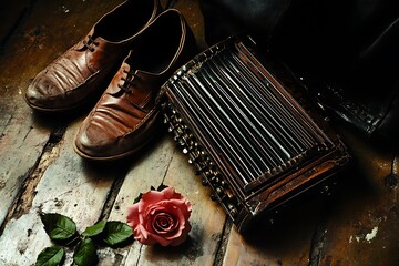 A bandoneon resting on an old tango dance floor, with worn leather shoes and a rose nearby to set the mood.