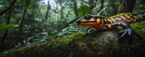 Fototapeta premium A colorful salamander rests on a mossy branch in the forest