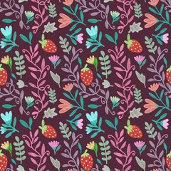 seamless pattern with colorful flowers leaf and strawberry on dark purple background 