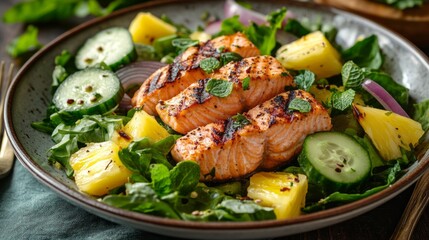 A vibrant salad combines tender grilled salmon with a medley of fresh greens, cucumbers, and juicy pineapple. Perfectly balanced for a sunny summer lunch