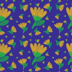 seamless pattern with yellow flowers on deep purple background 