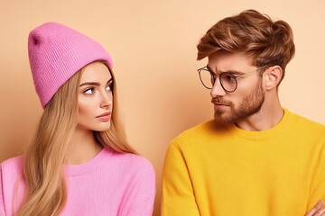 Stylish Couple in Colorful Sweaters and Beanie Looking at Each Other Against a Beige Background