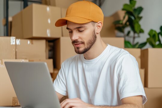 Young Man Using Laptop to Check Online Orders in Modern Workspace with Cardboard Boxes