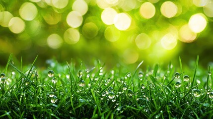 Obraz premium Dew-kissed grass in a sunlit garden