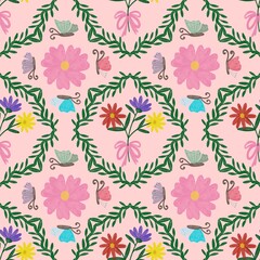 seamless pattern with flowers leaf and butterfly on pink background 