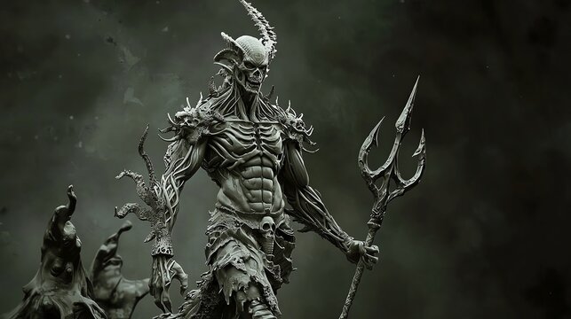 A terrifying merfolk warlord with skeletal armor and a trident forged from black coral, ruling the cursed depths, dark and mythical