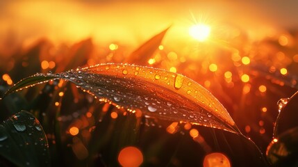 Dew-kissed leaves at sunrise in a field
