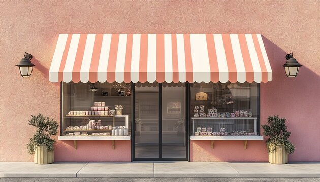 3D rendering of a  shop front with a striped awning over the door and windows, decorated in light pastel colors.
