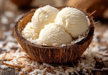 Creamy Coconut Ice Cream Scoops in a Natural Coconut Bowl Garnished with Flakes of Coconut and Laid on Rustic Wooden Surface