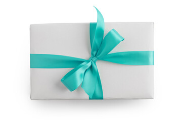 Top view of white paper present box with azure ribbon isolated on white background