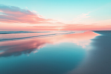 Stunning coastal landscape at sunset or sunrise with bright reflections in the sea and beautiful clouds, beautiful sky, seascape, composite background, desktop wallpaper