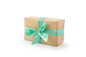 Brown paper gift box with green ribbon isolated on white