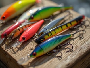 A detailed close-up of various colorful fishing lures on a wooden surface, showcasing their diversity in shape, color, and size for fishing enthusiasts.