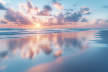 Stunning coastal landscape at sunset or sunrise with bright reflections in the sea and beautiful clouds, beautiful sky, seascape, composite background, desktop wallpaper