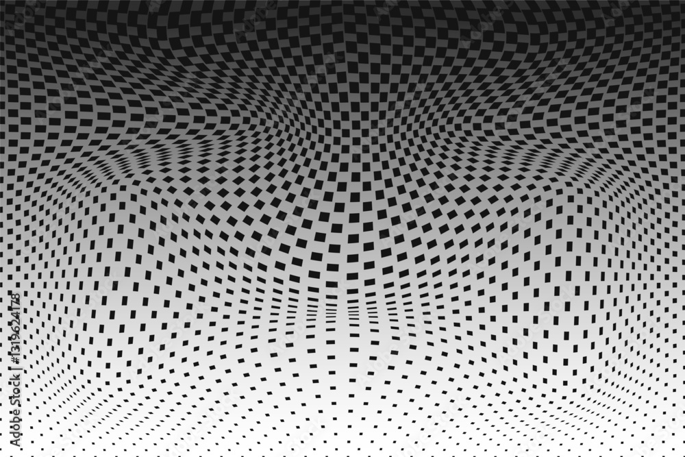Poster Halftone dotted digital abstract background. Optical illusion creative pattern with mosaic geometric squares. Digital technology concept. Black and white deformed print