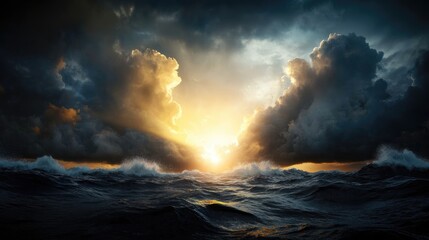 Fototapeta premium Dramatic Ocean Sunset with Stormy Clouds and Powerful Waves