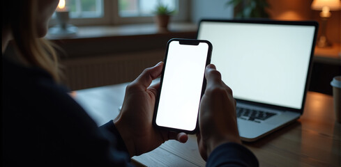 Close-up of a young woman holding a smartphone with a blank screen, laptop in the background.  Perfect for technology, website, and app mockups.