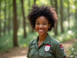 A cheerful Afro American camp counselor in a natural setting, perfect for representing outdoor leadership and summer camps.