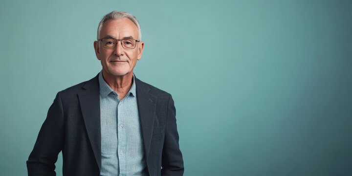 Confident Senior Man in Smart Casual Attire Against a Soft Blue Background