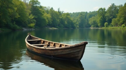 Obraz premium Rustic wooden rowboat on calm lake with lush green forest, peaceful and natural, ideal for nature, relaxation, or rustic themes.