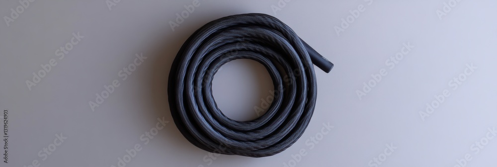 Poster neatly coiled black jump rope on smooth grey background creating a minimalist and spacious aesthetic