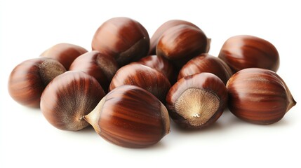 A pile of fresh, shiny chestnuts on a white background.