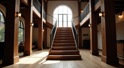 Sunlit grand wooden staircase in a spacious interior with high ceilings and large windows.