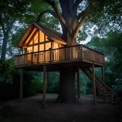 Treehouse in the Forest at Twilight