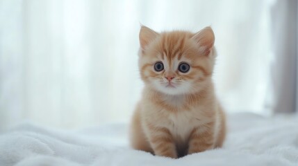 Adorable orange kitten sitting on white fabric.