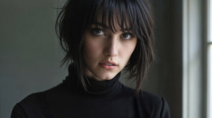 A beautiful model illuminated by natural window light. The woman has short black hair and is wearing a black turtleneck. A flawless complexion. Looking directly at the camera. Dark, intriguing eyes.