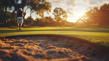 Obraz premium Sunset Golf Scene with Sand Trap and Player in Background
