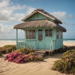 A pastel-colored surf shack covered in tropical flowers, next to golden sand dunes.