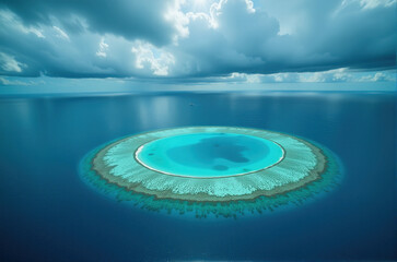 Aerial view of a stunning atoll in the middle of the ocean, under a cloudy sky.